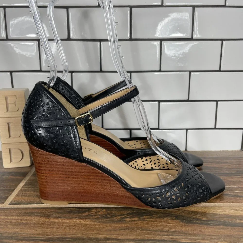 Talbots Womens Sz 8.5 Shoes Black Leather Open Toe Mary Jane Comfort Wedge